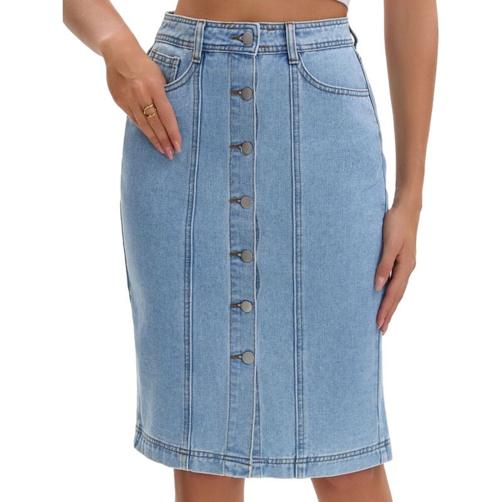 Women's Denim Skirt Button Down Knee Length Jean Skirts Light Blue